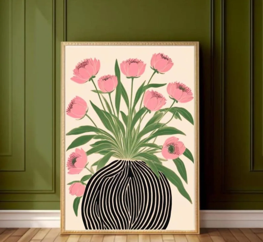 Art Craft Vase - ملصق زهور بدون إطار، لوحات جدارية